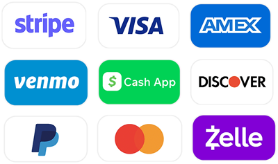 payment methods Visa MC Amex Zelle Venmo CashApp Discover